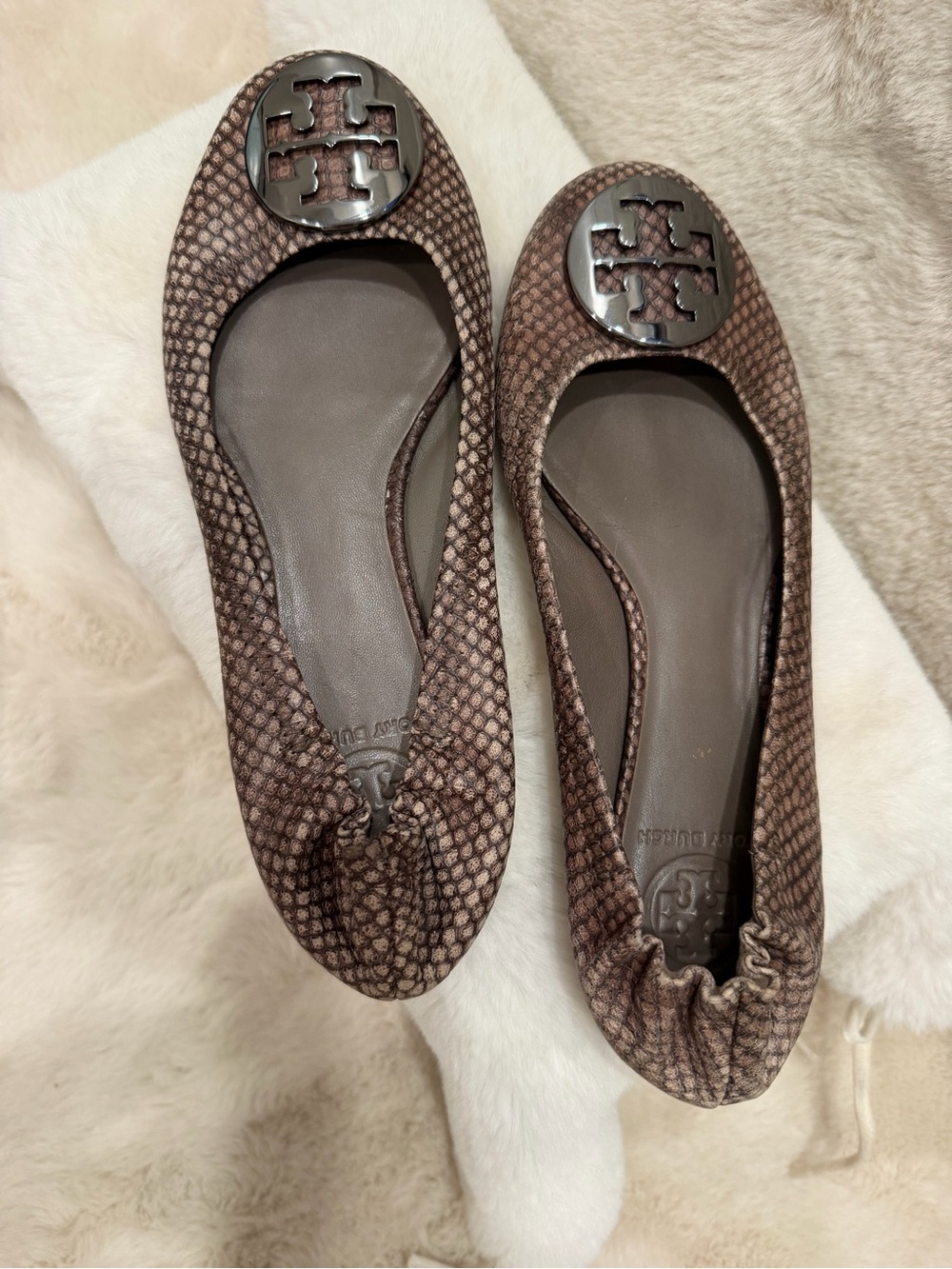 Tory Burch Brown Snake-Print Reva Logo Ballet Flats